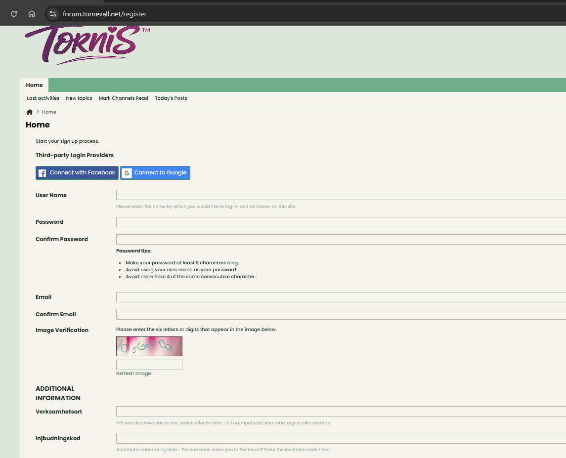 Forum registration page