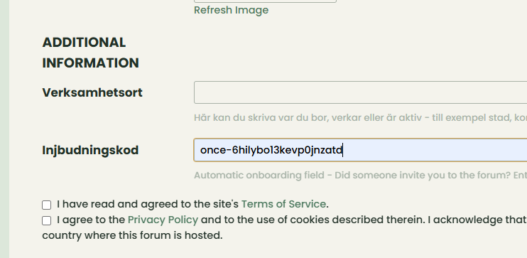 Close-up of the invite code field